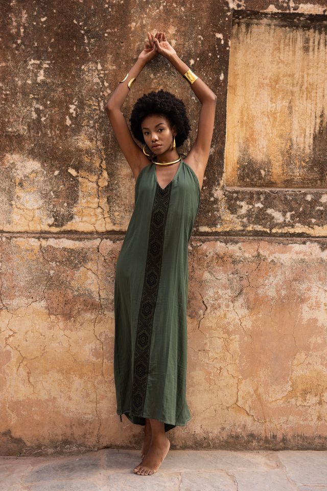 Luna Halterneck Maxi Dress - Aztec - Khaki Veena Vintage Luna Halterneck Maxi Dress - Aztec - Khaki Veena Vintage
