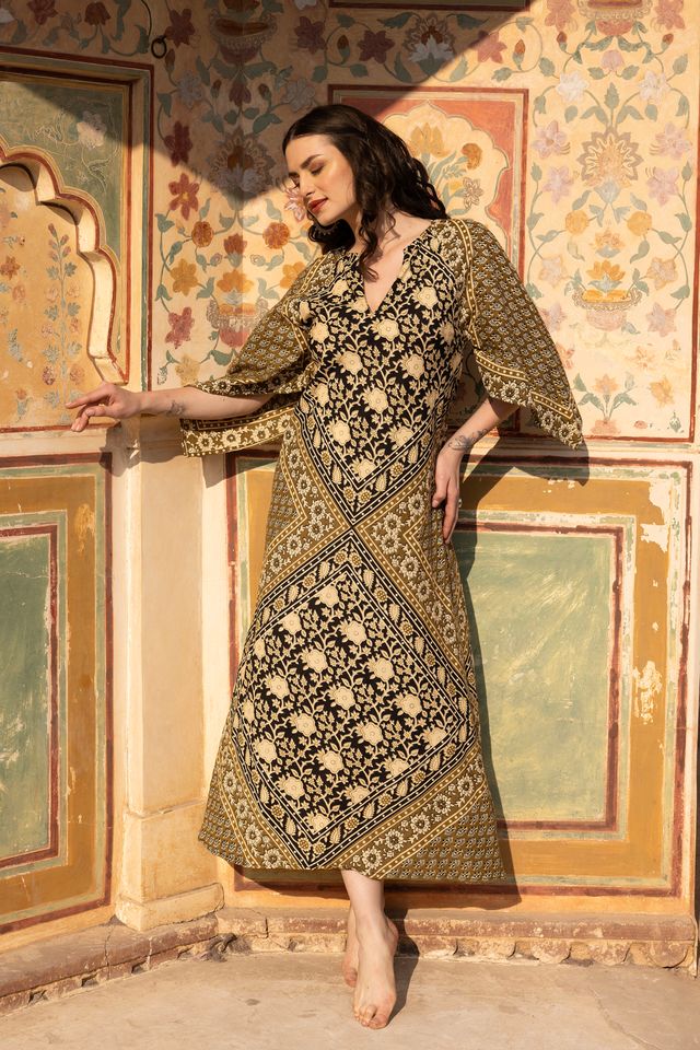 gold block print dress Mustard Floral Block Print Cotton Elasticated Short Tier Dress 66" / Tall (5'7" and above)