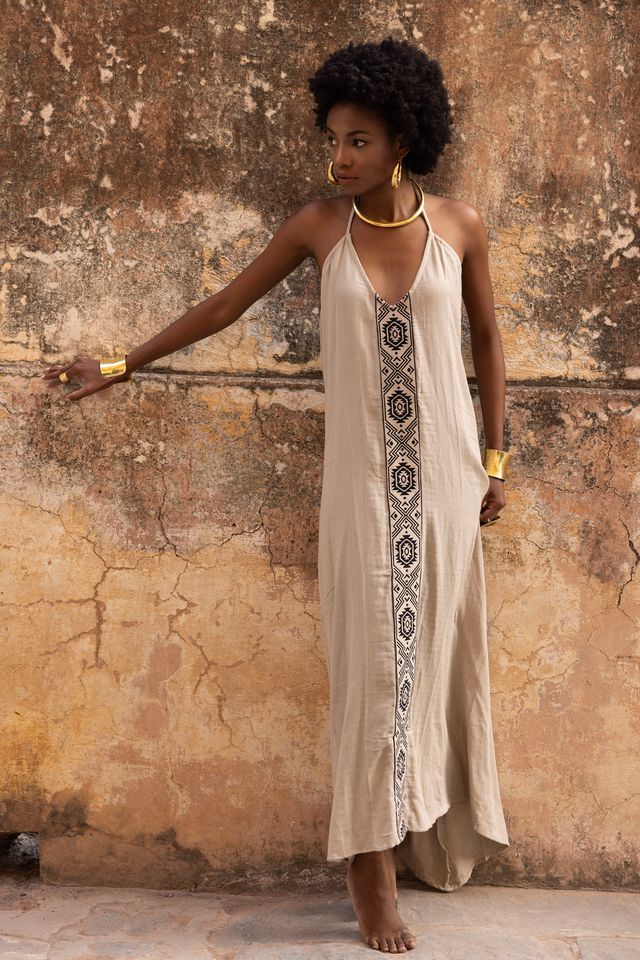 Luna Halterneck Maxi Dress - Aztec - Beige