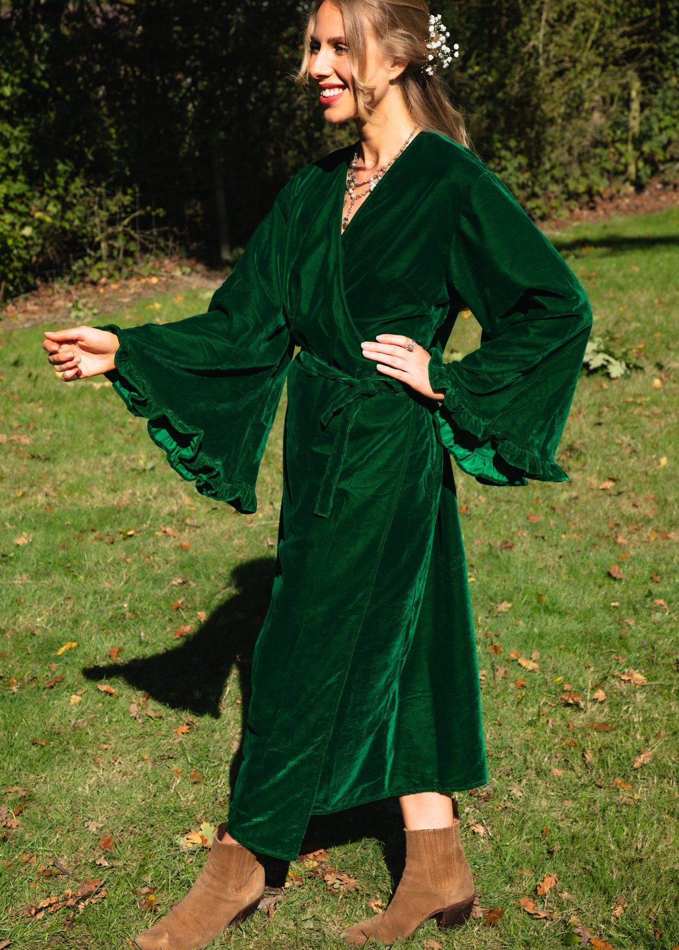 Fea Wrap Frill Dress  - Green Velvet