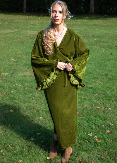 Fea Wrap Frill Dress - Gold Green Velvet