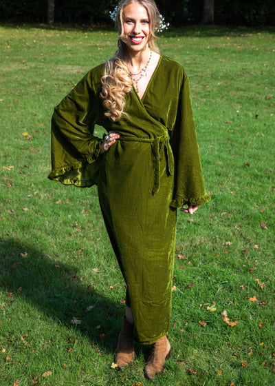 Fea Wrap Frill Dress - Gold Green Velvet