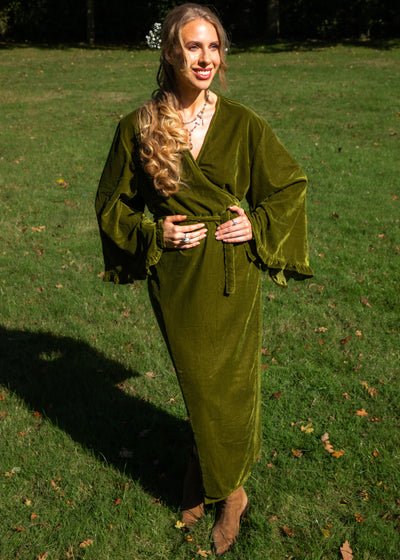 Fea Wrap Frill Dress - Gold Green Velvet