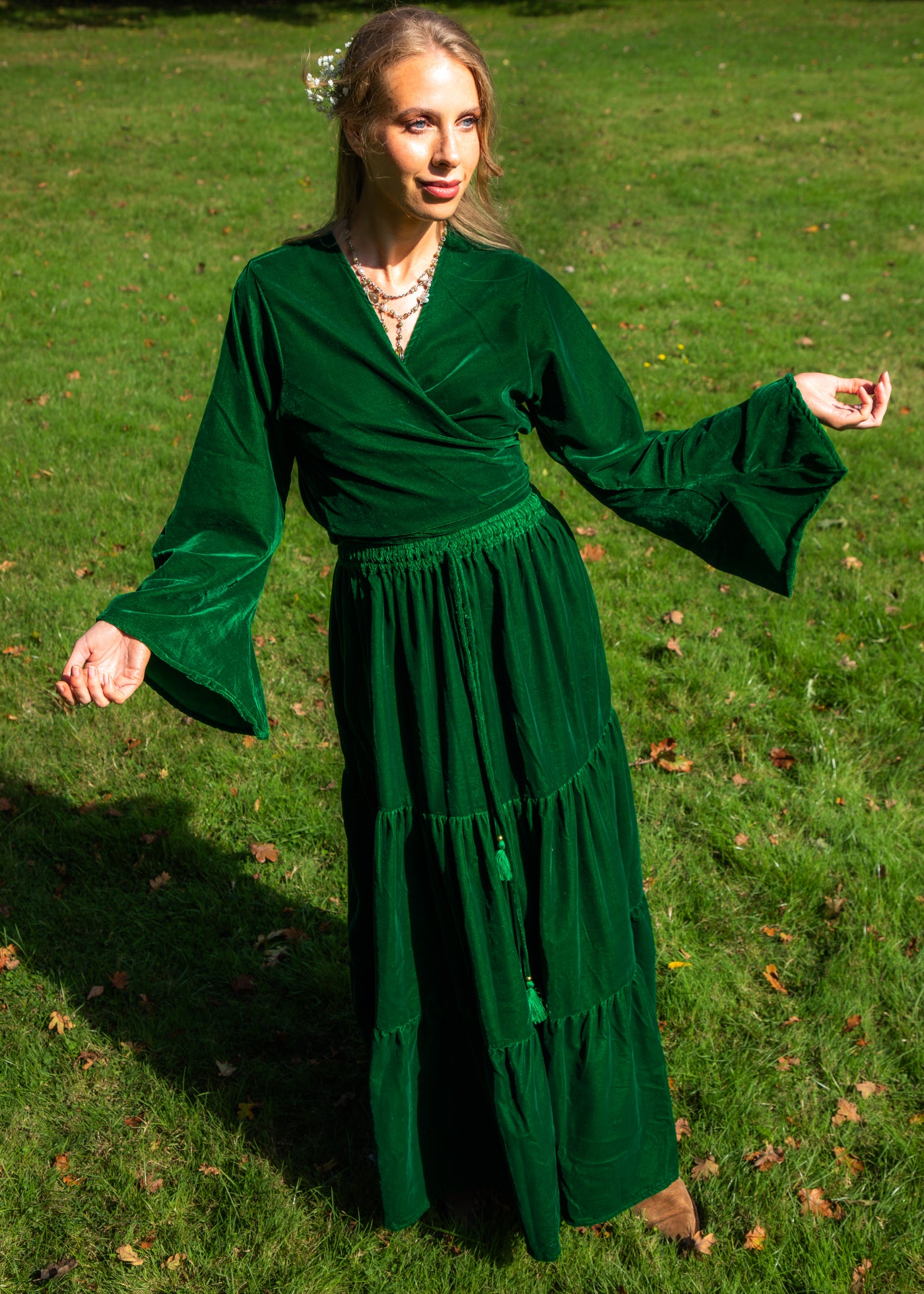 green velvet dress bell sleeves Chartreuse Velvet Bell Sleeve Dress L