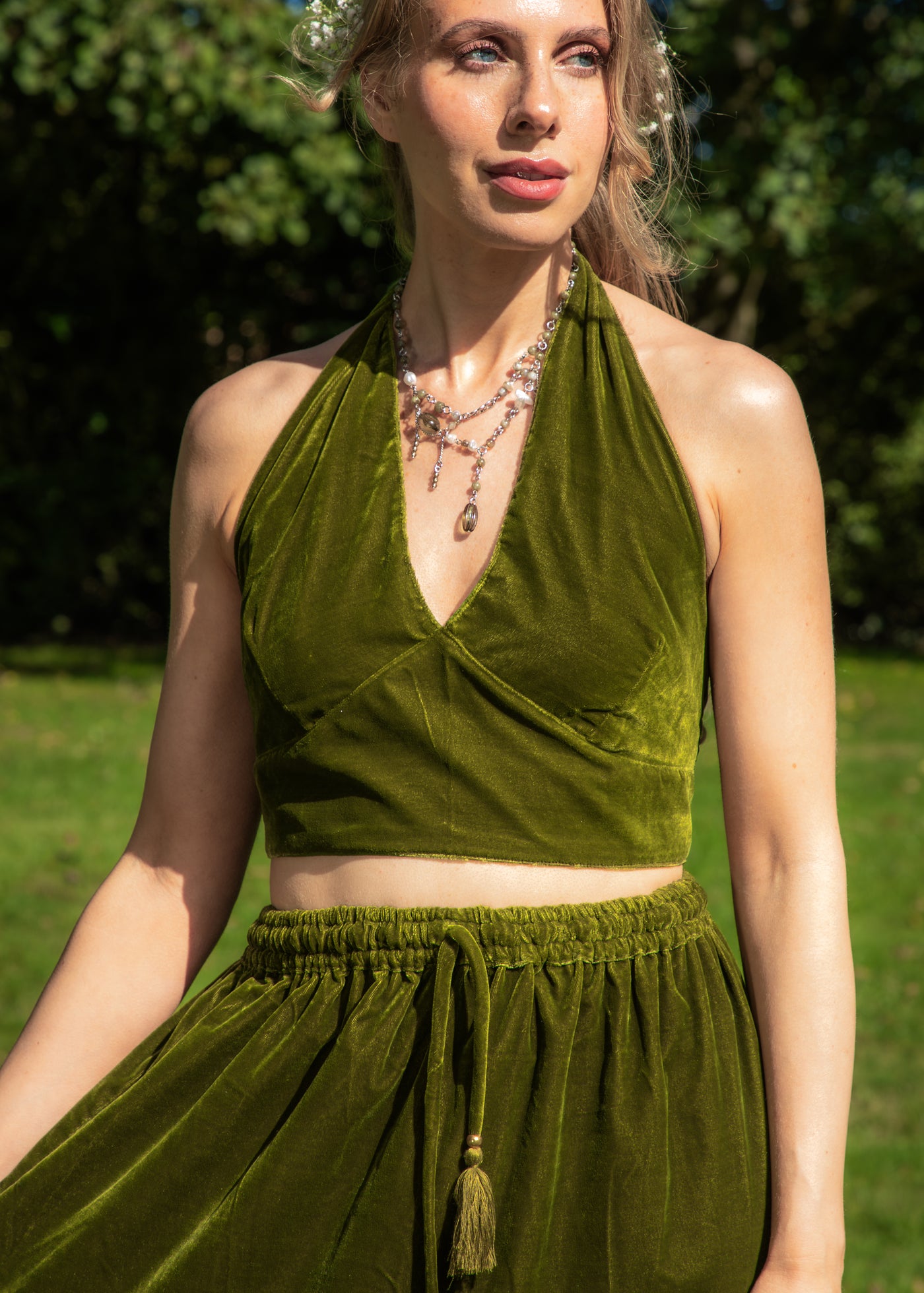 Ivy Halterneck Crop Top - Gold Green Velvet