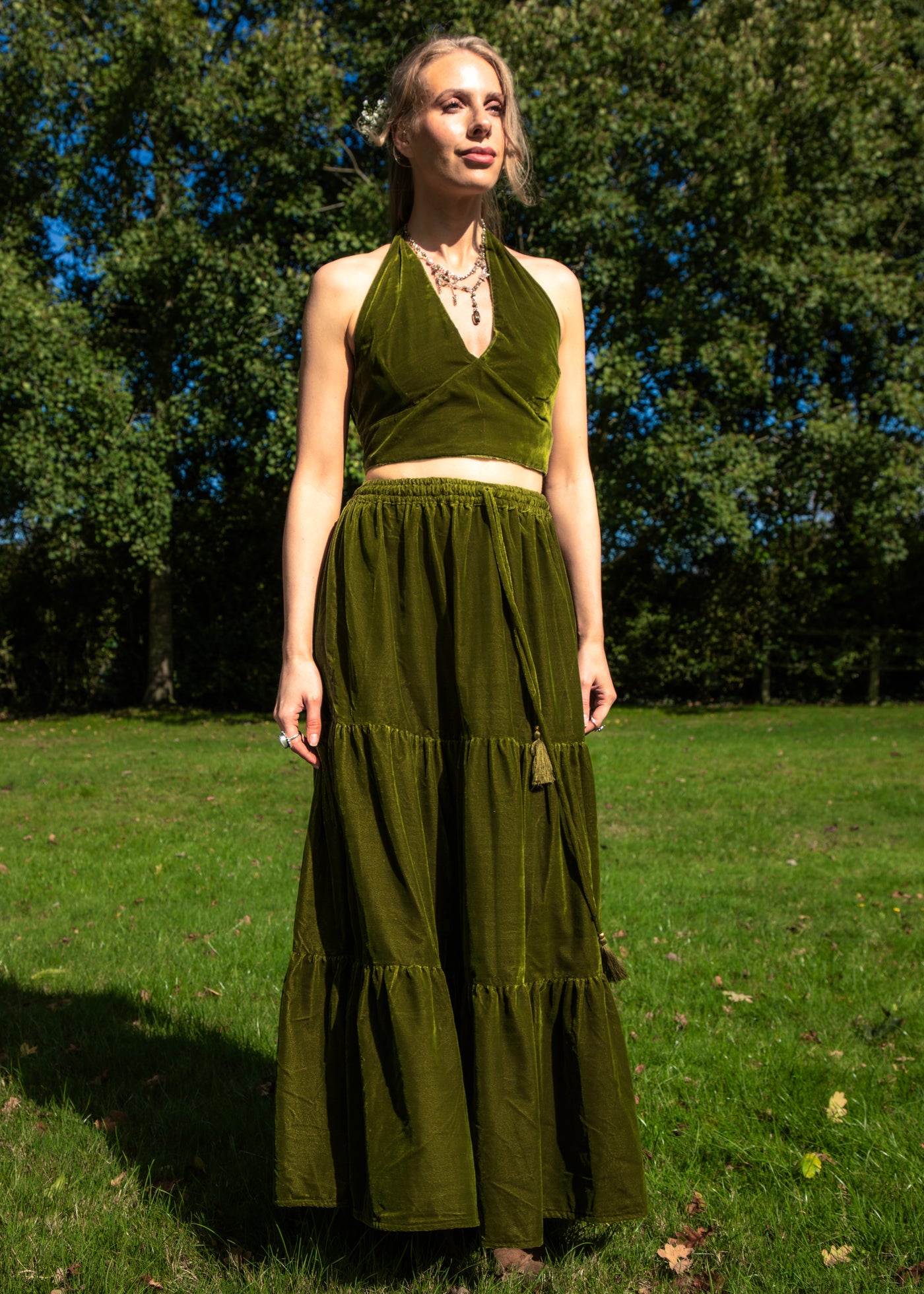 Gia Gypsy Ruffle Skirt - Gold Green Velvet