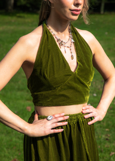 Ivy Halterneck Crop Top - Gold Green Velvet