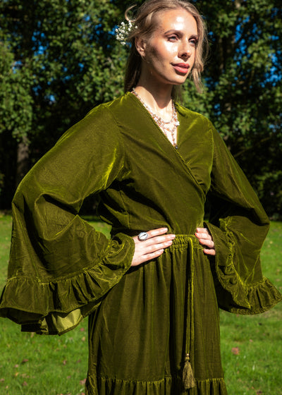 Daisy Bell Sleeve Wrap Top - Gold Green Velvet