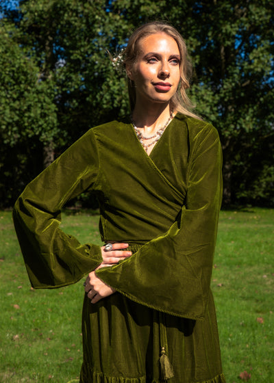 Indy Bell Sleeve Wrap Top - Gold Green Velvet