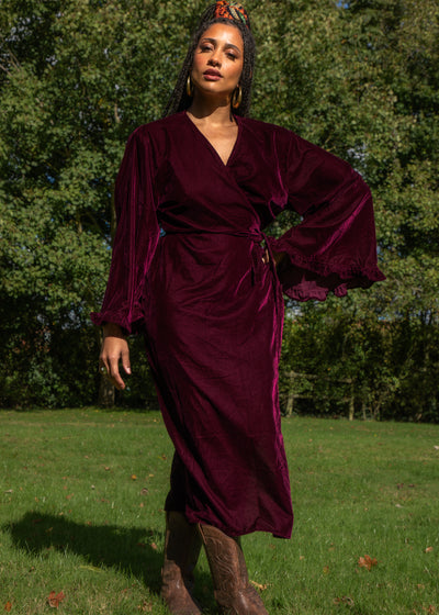 Fea Wrap Frill Dress  - Wine Red Velvet