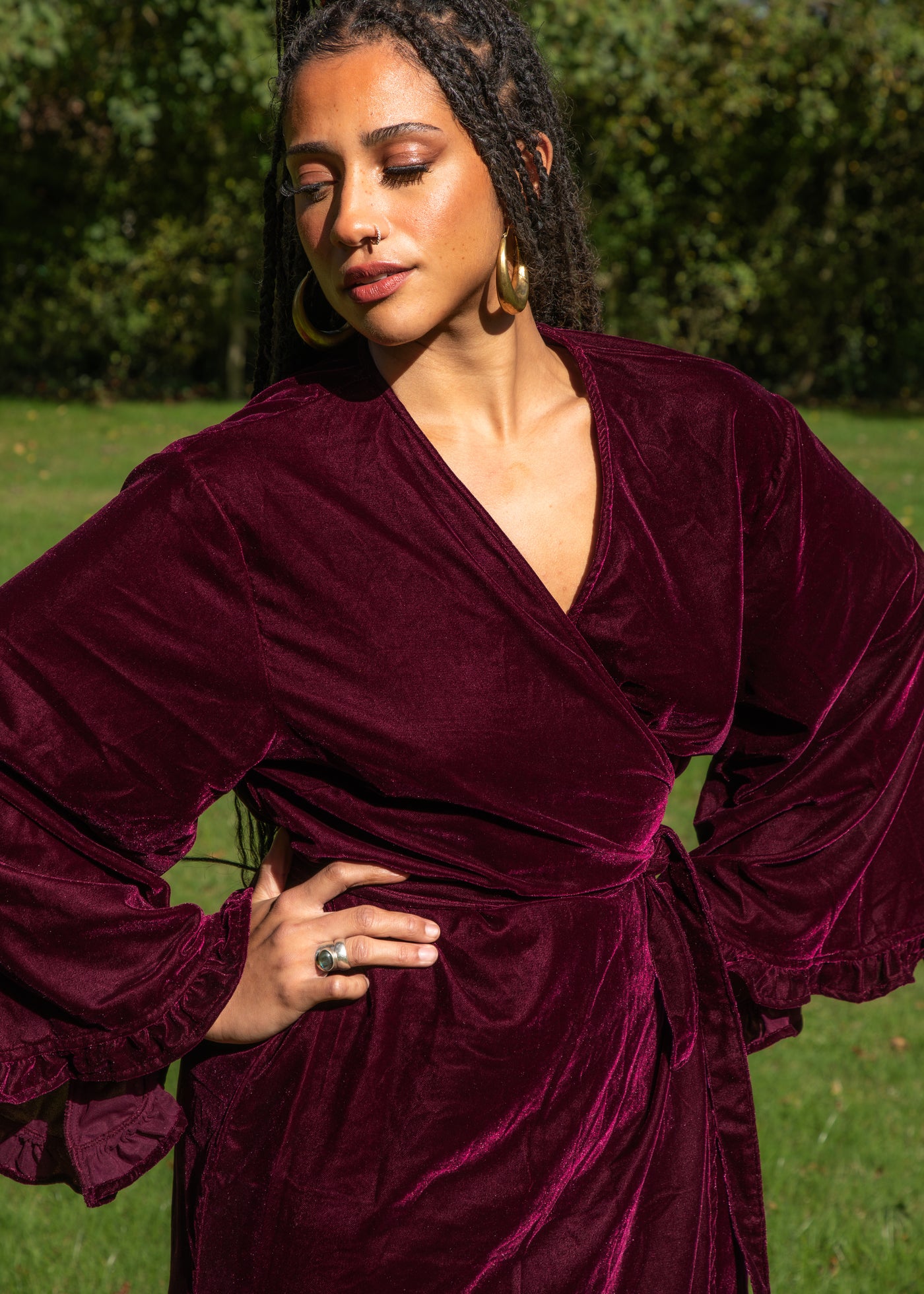 Fea Wrap Frill Dress  - Wine Red Velvet