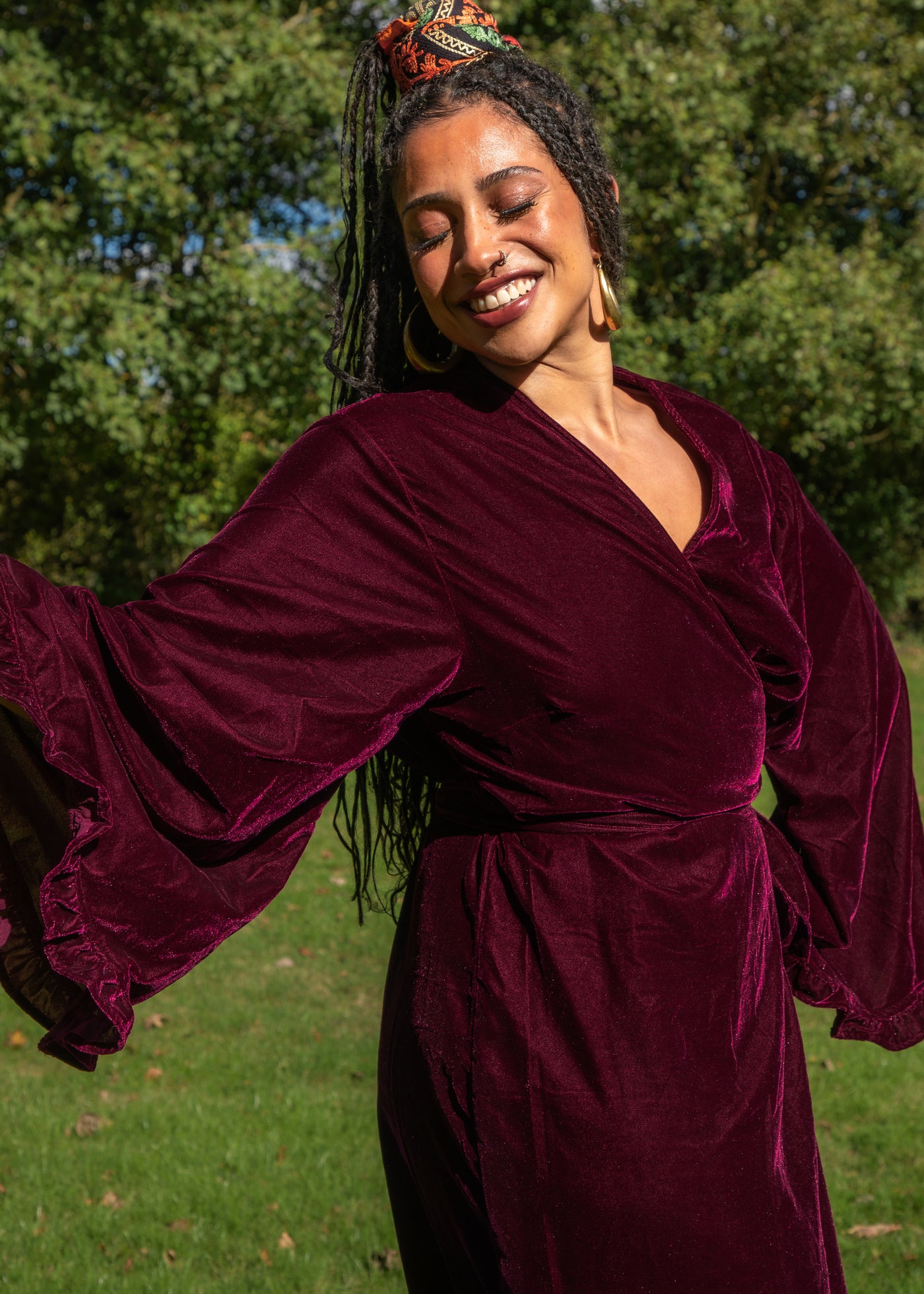 Fea Wrap Frill Dress  - Wine Red Velvet