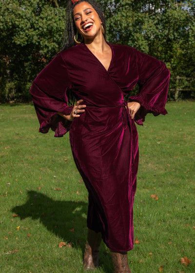 Fea Wrap Frill Dress  - Wine Red Velvet