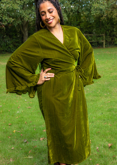 Fea Wrap Frill Dress - Gold Green Velvet