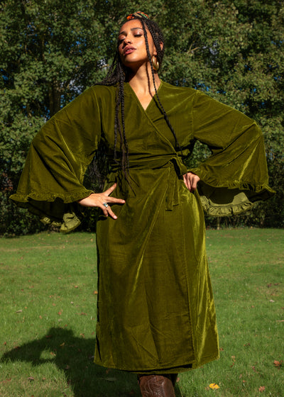 Fea Wrap Frill Dress - Gold Green Velvet