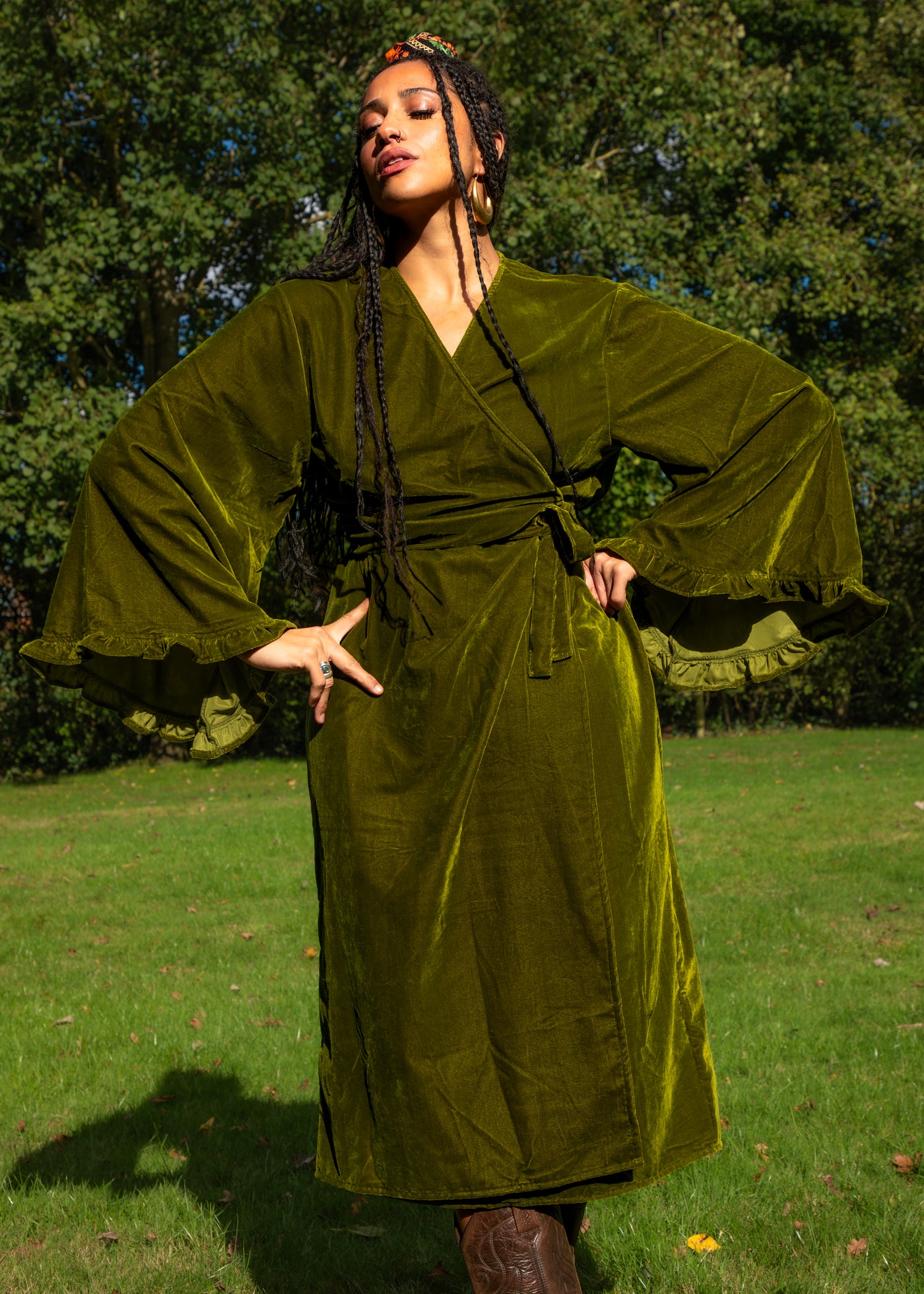 Fea Wrap Frill Dress - Gold Green Velvet