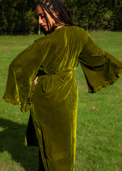 Fea Wrap Frill Dress - Gold Green Velvet