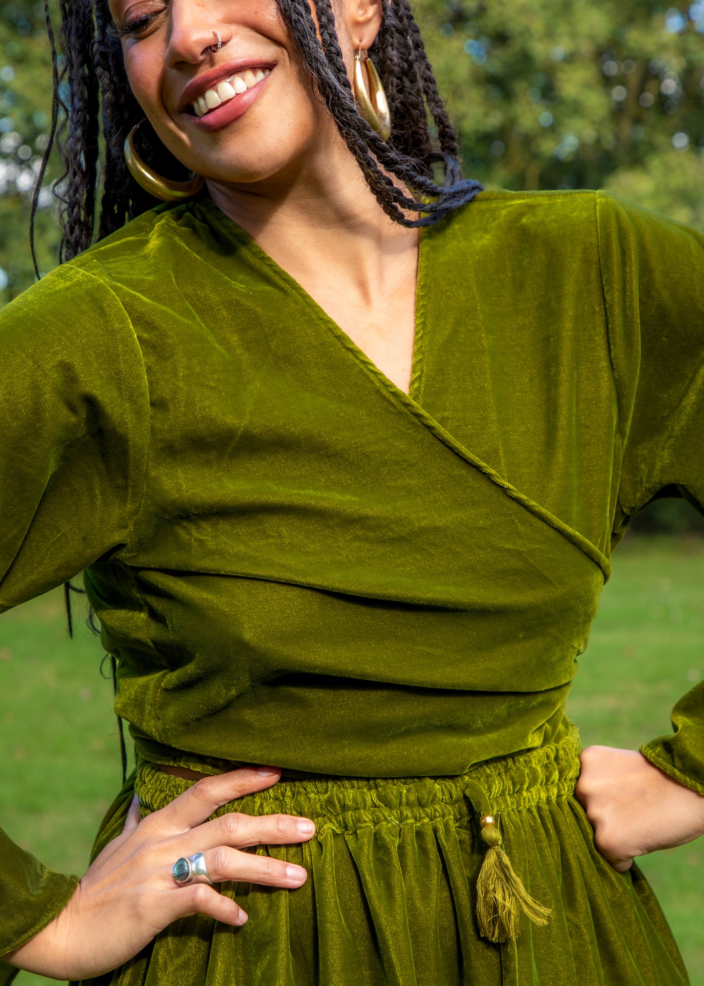 Indy Bell Sleeve Wrap Top - Gold Green Velvet