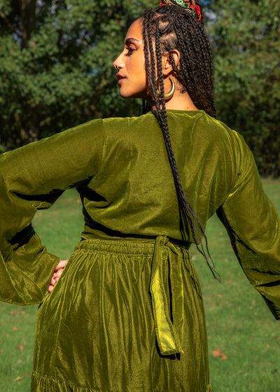 Indy Bell Sleeve Wrap Top - Gold Green Velvet