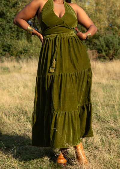 Gia Gypsy Ruffle Skirt - Gold Green Velvet