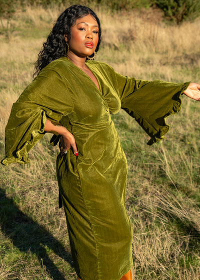 Fea Wrap Frill Dress - Gold Green Velvet