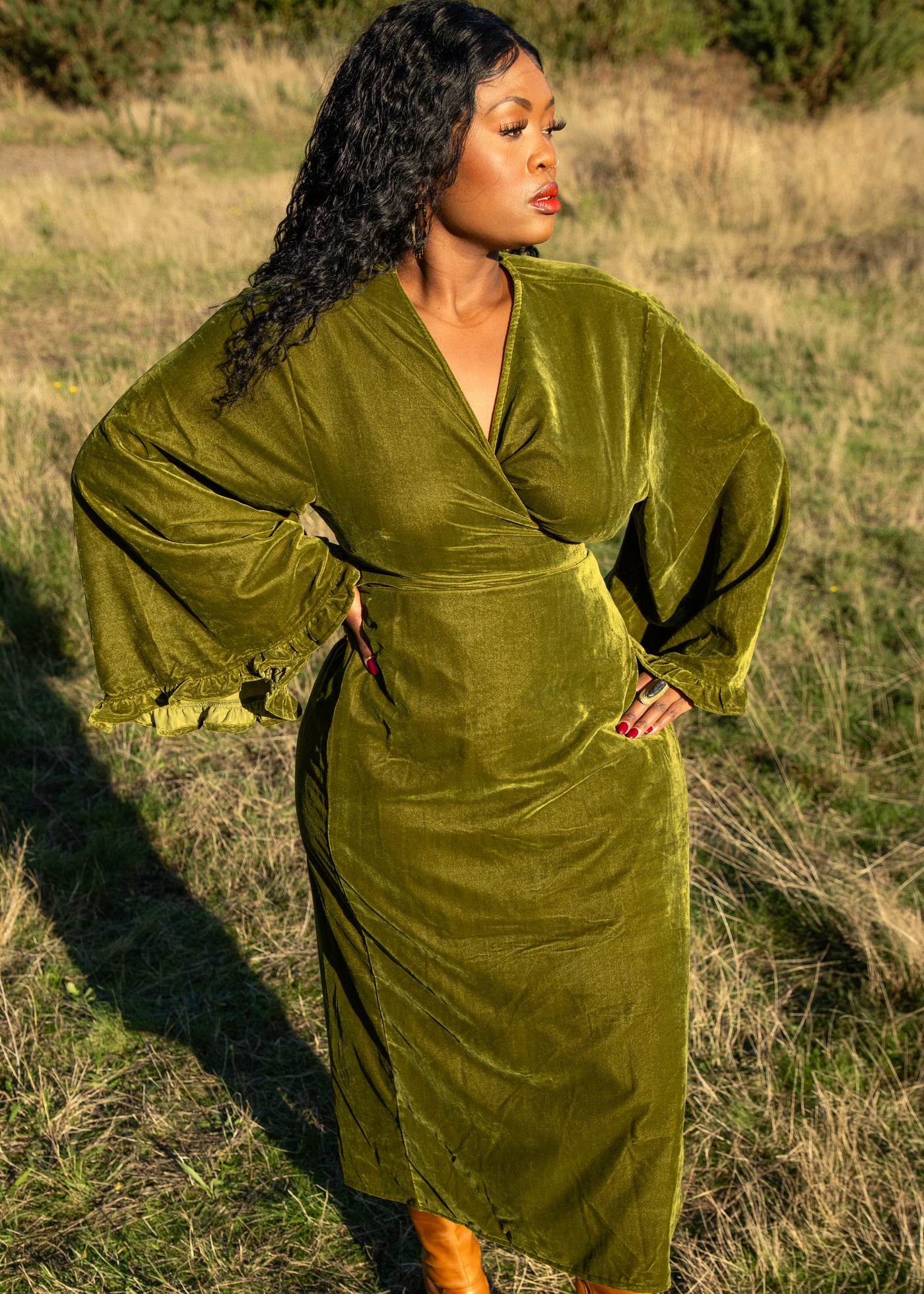 Fea Wrap Frill Dress - Gold Green Velvet