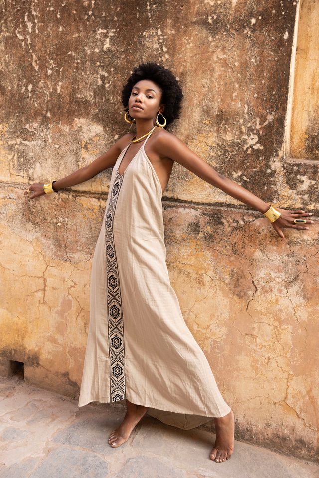 Luna Halterneck Maxi Jurk  - Aztec - Beige