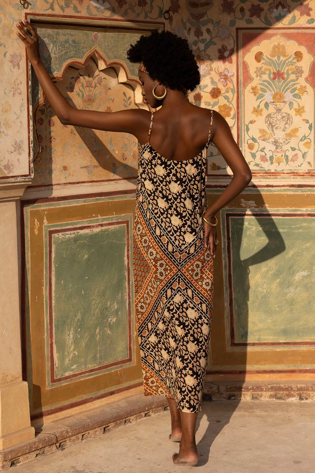 Blake Cotton Midi Slip Dress - Aya Orange Blockprint – Veena Vintage