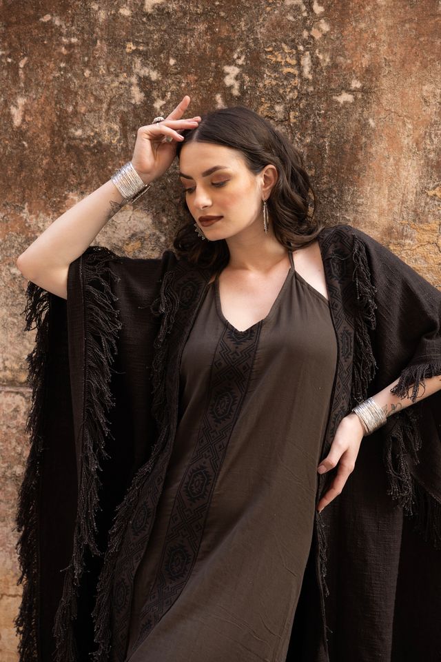 Agata Oversized Tassle Kimono - Brown