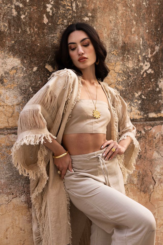 Maya Fringe Tassle Kimono - Beige