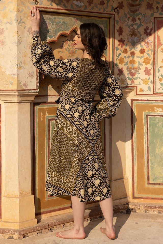Blossom Cotton Maxi Dress - Aya Green Blockprint Veena Vintage Blossom Cotton Maxi Dress - Aya Green Blockprint Veena Vintage