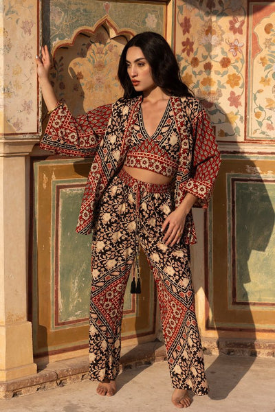 Venus Cotton Short Kimono - Aya Red Blockprint